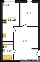 Планировка однокомнатной(квартира) площадью 38.1 квадратных метров в “ЖК Южная Долина”