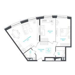 Планировка студии(апартаменты) площадью 78 квадратных метров в ЖК “ЖК Monodom Lake”
