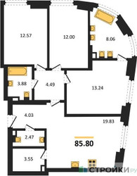 Планировка трехкомнатной(квартира) площадью 85.8 квадратных метров в ЖК “ЖК "Гранд Фили"”
