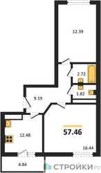 Планировка двухкомнатной(квартира) площадью 57.46 квадратных метров в ЖК “ЖК Домодедово Парк”