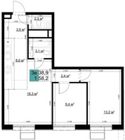 Планировка трехкомнатной(квартира) площадью 58.2 квадратных метров в “ЖК Одинцово Сити”