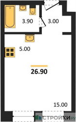 Планировка студии(квартира) площадью 26.9 квадратных метров в ЖК “ЖК Skolkovo ONE (Сколково Уан)”