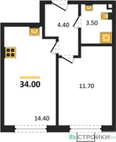Планировка однокомнатной(квартира) площадью 34 квадратных метров в “ЖК Лучи-2”