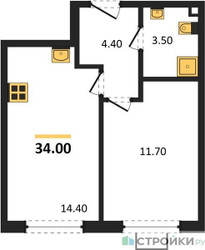 Планировка однокомнатной(квартира) площадью 34 квадратных метров в ЖК “ЖК Лучи-2”