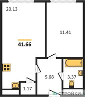 Планировка однокомнатной(апартаменты) площадью 41.66 квадратных метров в “ЖК Пятницкое 58 (Перец)”