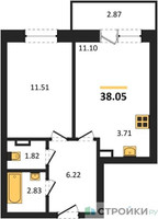 Планировка однокомнатной(квартира) площадью 38.05 квадратных метров в “Зеленый Оазис - Город”