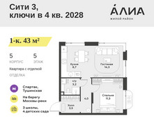 Планировка однокомнатной(квартира) площадью 43 квадратных метров в “ЖК АЛИА”