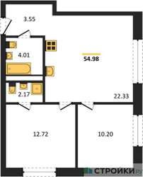 Планировка двухкомнатной(квартира) площадью 54.98 квадратных метров в ЖК “ЖК ЭкоБунино (Южное Бунино)”