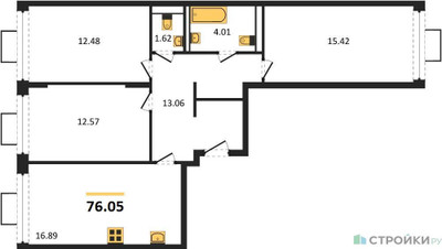 Планировка трехкомнатной(квартира) площадью 76.05 квадратных метров в ЖК “ЖК Квартал Строгино”