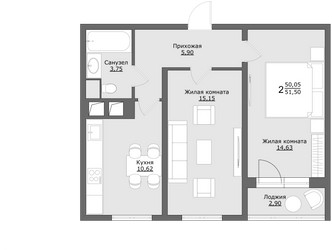 Планировка двухкомнатной(квартира) площадью 51.5 квадратных метров в ЖК “ЖК Клевер”