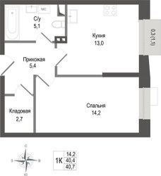 Планировка однокомнатной(квартира) площадью 40.4 квадратных метров в ЖК “ЖК КИНОКВАРТАЛ”