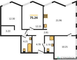Планировка трехкомнатной(квартира) площадью 75.24 квадратных метров в “ЖК Инсайдер”