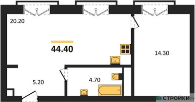 Планировка однокомнатной(квартира) площадью 44.4 квадратных метров в ЖК “ДД:ОО:ММ. Дом на Часовой”