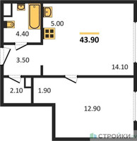 Планировка однокомнатной(квартира) площадью 43.9 квадратных метров в “Жилые кварталы Белый Град”