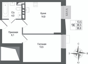 Планировка однокомнатной(квартира) площадью 38.5 квадратных метров в ЖК “ЖК КИНОКВАРТАЛ”