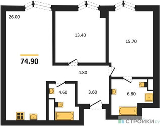 Планировка двухкомнатной(квартира) площадью 74.9 квадратных метров в ЖК “ICE TOWERS (Айс Тауэрс)”