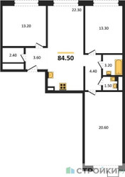 Планировка трехкомнатной(квартира) площадью 84.5 квадратных метров в ЖК “ЖК Wave (Вейв)”