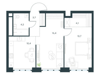Планировка двухкомнатной(квартира) площадью 52.5 квадратных метров в ЖК “ЖК Левел Южнопортовая”