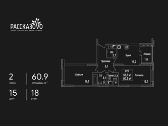 Планировка двухкомнатной(квартира) площадью 60.9 квадратных метров в ЖК “ЖК Рассказово”
