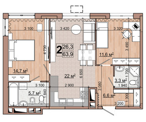 Планировка двухкомнатной(квартира) площадью 63.9 квадратных метров в ЖК “ЖК Гранд Комфорт”