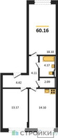 Планировка двухкомнатной(квартира) площадью 60.16 квадратных метров в “ЖК Рублевский Квартал”
