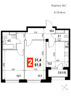 Планировка двухкомнатной(квартира) площадью 61.8 квадратных метров в “ЖК Мытищи Сити”