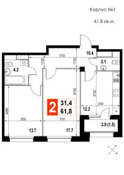 Планировка двухкомнатной(квартира) площадью 61.8 квадратных метров в ЖК “ЖК Мытищи Сити”