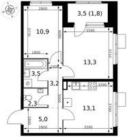 Планировка двухкомнатной(квартира) площадью 53.1 квадратных метров в “ЖК 1-й Химкинский (Первый Химкинский)”