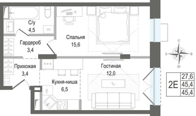 Планировка двухкомнатной(квартира) площадью 45.4 квадратных метров в ЖК “ЖК КИНОКВАРТАЛ”