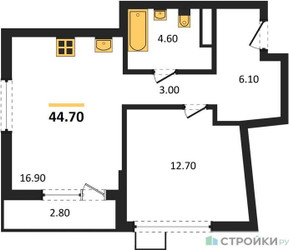 Планировка однокомнатной(квартира) площадью 44.7 квадратных метров в ЖК “ЖК Деснаречье”