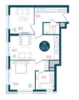 Планировка двухкомнатной(квартира) площадью 50 квадратных метров в “ЖК РУСИЧ-Кантемировский”
