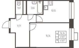 Планировка однокомнатной(квартира) площадью 41.9 квадратных метров в “ЖК Новая Ивантеевка”