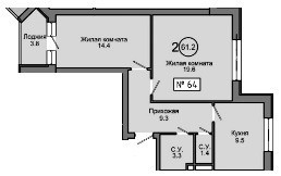 Планировка двухкомнатной(квартира) площадью 68.6 квадратных метров в ЖК “ЖК Терра”