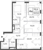 Планировка 4+ комнатной(квартира) площадью 107 квадратных метров в “ЖК Will Towers (Вилл Тауэрс)”