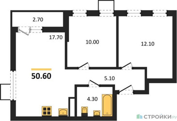 Планировка двухкомнатной(квартира) площадью 50.6 квадратных метров в ЖК “ЖК Деснаречье”