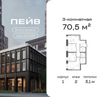 Планировка трехкомнатной(квартира) площадью 70.5 квадратных метров в “ЖК ПЕЙВ”