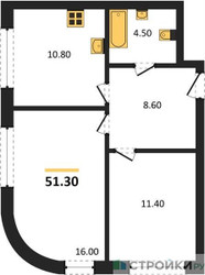 Планировка двухкомнатной(квартира) площадью 51.3 квадратных метров в ЖК “ЖК Адмирал”