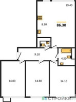 Планировка трехкомнатной(квартира) площадью 86.3 квадратных метров в “ЖК Датский Квартал”