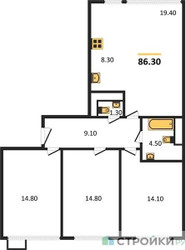 Планировка трехкомнатной(квартира) площадью 86.3 квадратных метров в ЖК “ЖК Датский Квартал”
