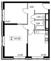 Планировка двухкомнатной(квартира) площадью 67.55 квадратных метров в “ЖК Городские Истории”