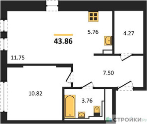 Планировка однокомнатной(квартира) площадью 43.86 квадратных метров в ЖК “ЖК Остафьево”