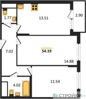Планировка двухкомнатной(квартира) площадью 54.19 квадратных метров в “ЖК Светлый мир БиоПолис”