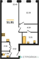 Планировка однокомнатной(апартаменты) площадью 51.91 квадратных метров в ЖК “ЖК Insider (Инсайдер)”