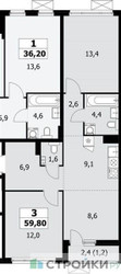 Планировка двухкомнатной(квартира) площадью 59.8 квадратных метров в ЖК “ЖК Дзен-кварталы”