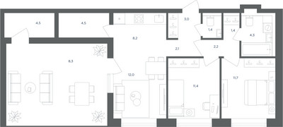 Планировка трехкомнатной(квартира) площадью 75 квадратных метров в ЖК “ЖК Равновесие”