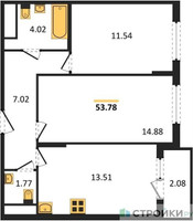 Планировка двухкомнатной(квартира) площадью 53.78 квадратных метров в “ЖК Светлый мир БиоПолис”