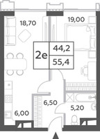 Планировка двухкомнатной(квартира) площадью 55.4 квадратных метров в “ЖК Will Towers (Вилл Тауэрс)”