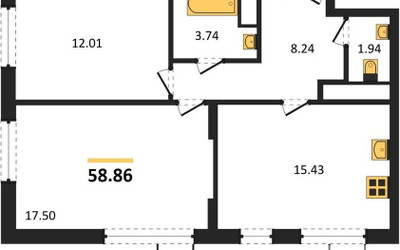 Планировка двухкомнатной(квартира) площадью 58.86 квадратных метров в ЖК “ЖК Новотомилино”