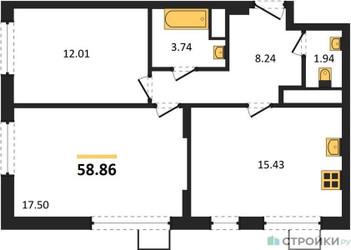 Планировка двухкомнатной(квартира) площадью 58.86 квадратных метров в ЖК “ЖК Новотомилино”