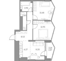 Планировка трехкомнатной(квартира) площадью 55 квадратных метров в “ЖК Аквилон Beside 2.0”